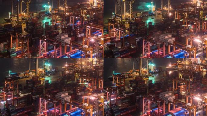 延时: 夜间在香港海运集装箱港口青衣从手推车货运卡车到货船的鸟瞰图
