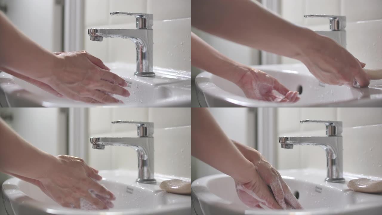 慢动作洗手水池揉搓香皂泡沫