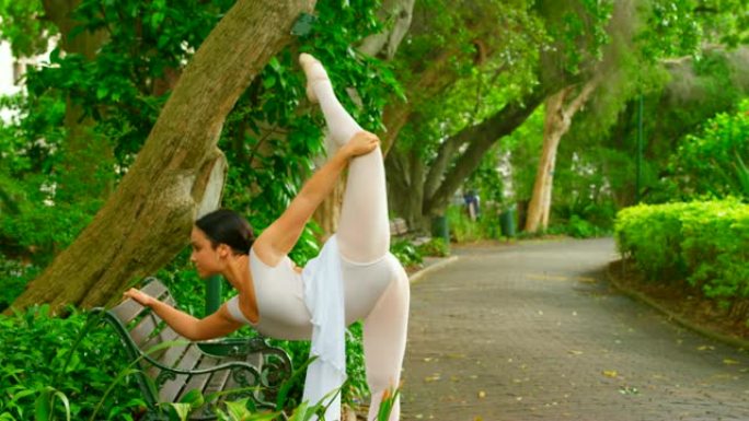 女芭蕾舞演员在公园4k进行伸展运动