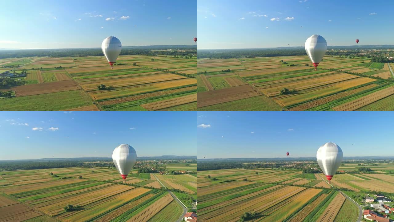 WS热气球在阳光明媚，田园诗般的乡村景观上