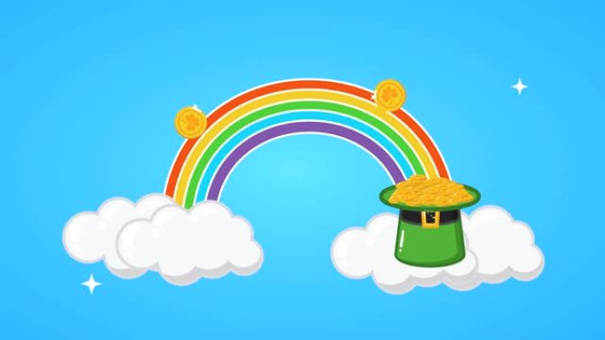 圣帕特里克节动画卡，配有彩虹和宝藏精灵帽子