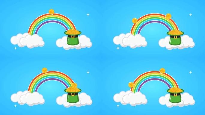 圣帕特里克节动画卡，配有彩虹和宝藏精灵帽子