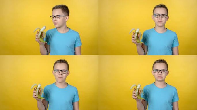 男孩咬一口香蕉咀嚼