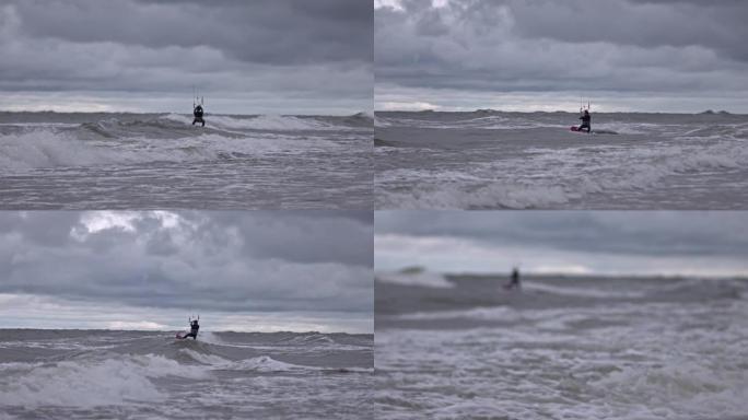 慢动作风筝冲浪者在海洋上冲浪