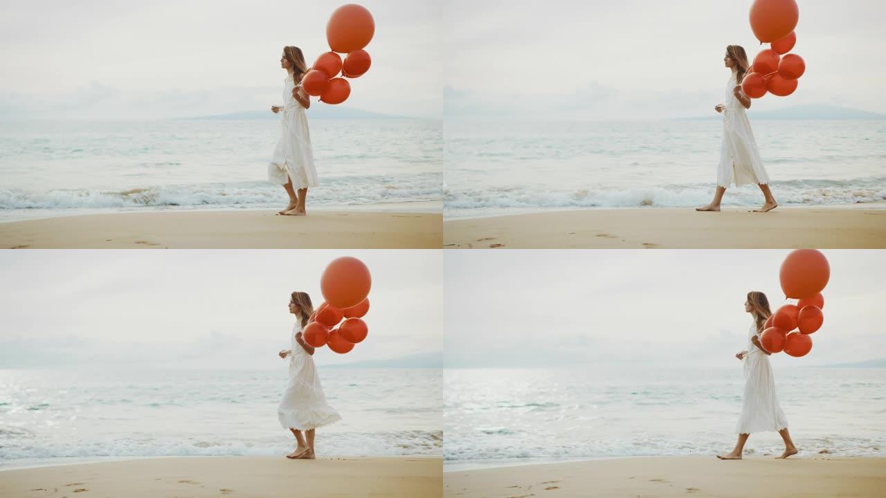 带着红色气球在沙滩上散步