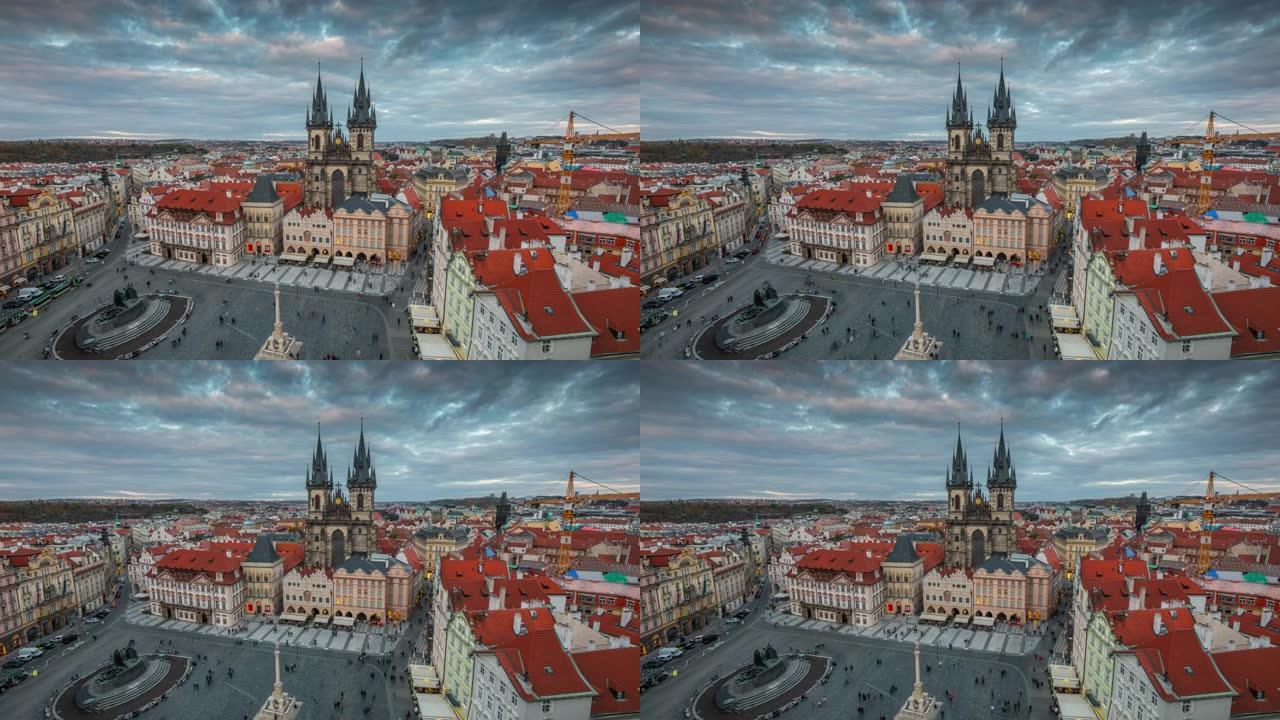 布拉格t ý n之前的老城广场与上帝之母教堂的高角度视图-时间流逝