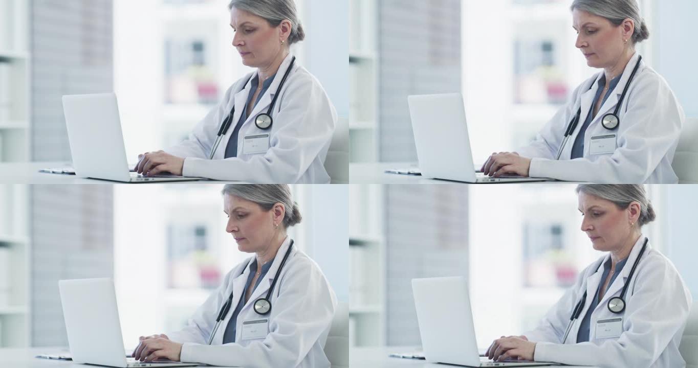 4k视频片段，一位迷人而成熟的女医生在医院的办公室工作