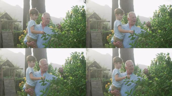 高个子高加索人背着孙子在花园里度过时光