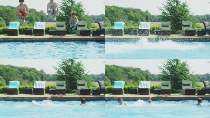 父亲在暑假一起跳进室外游泳池-慢动作拍摄