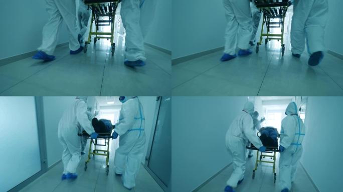 医务人员在走廊上用担架运送一个冠状病毒的人。