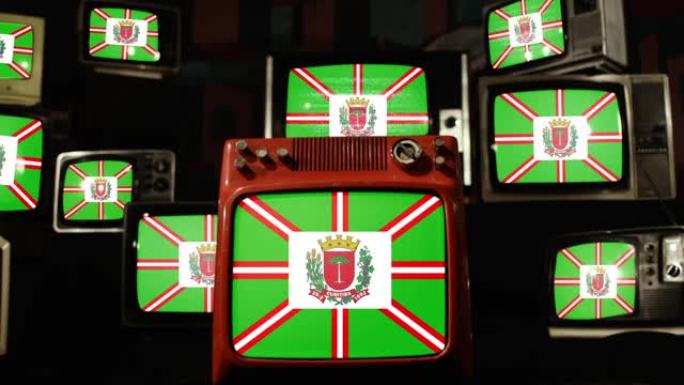 巴西库里蒂巴市的国旗和老式电视。