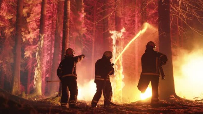 经验丰富的消防员扑灭了树林深处的荒地大火。专业从事安全制服和头盔喷水以扑灭树木蔓延的大火焰