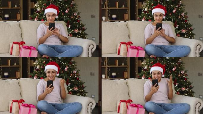 喜出望外的印度女士通过电话获得新年促销优惠