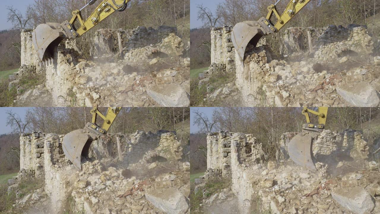 特写: 重工业挖掘机挖出一勺砖块和瓦砾