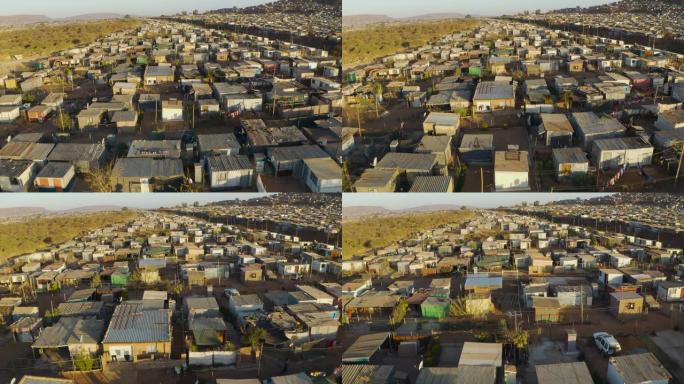 近距离空中飞越南非拥挤且人口稠密的Mamelodi非洲小镇 (棚户区) 的视线