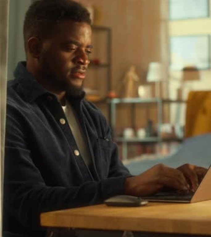 垂直屏幕: 年轻男性使用笔记本电脑，坐在公寓的客厅。非裔美国商人回复电子邮件，在家写商业计划书。公寓