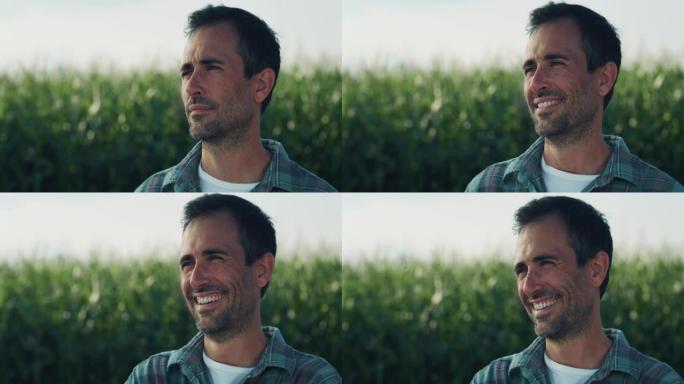 快乐的人在一片绿色的玉米田里微笑着环顾四周。英俊的中年男性农民欣赏美景，感谢好天气，对他的农作物和生
