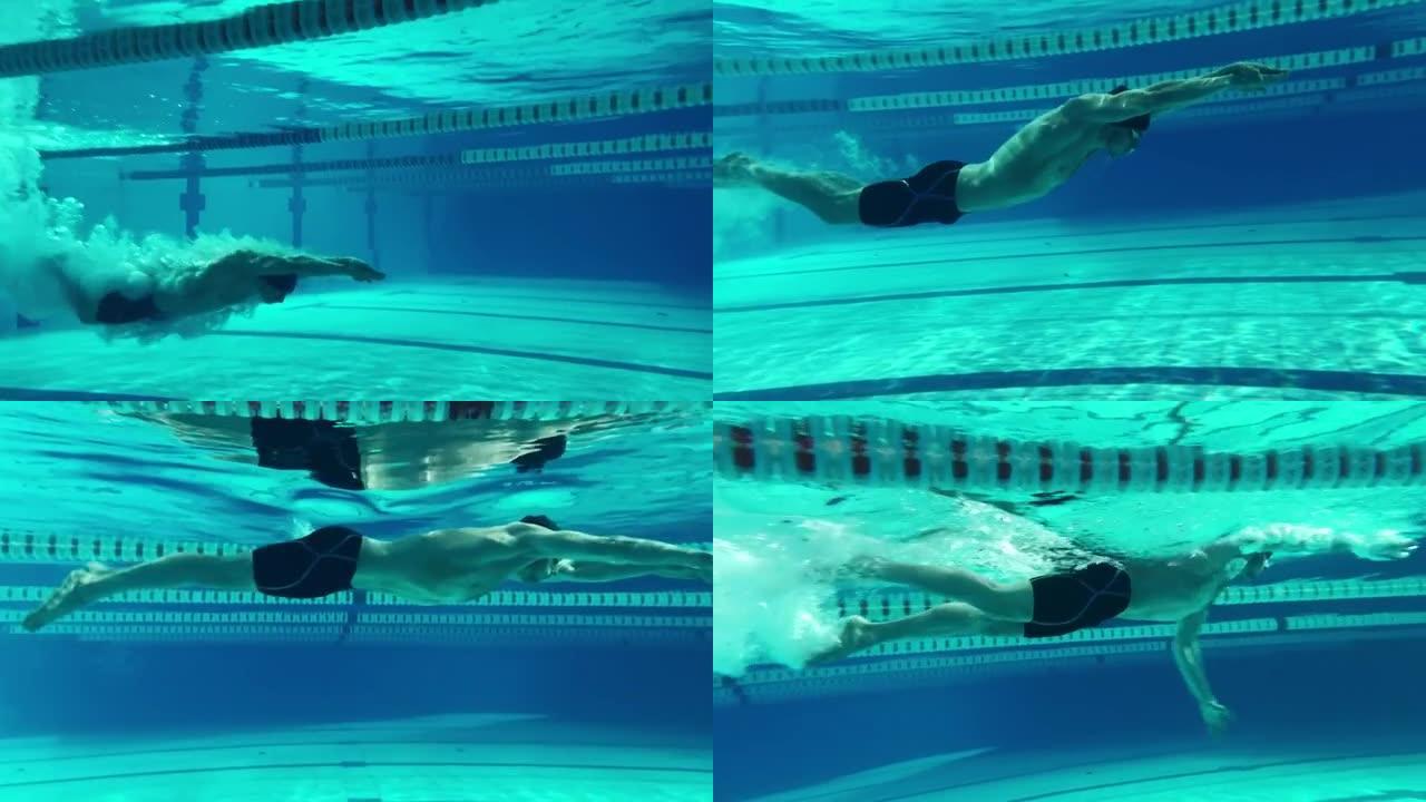 水下射击: 适合肌肉发达的游泳者跳，潜入游泳池。英俊的职业运动员以极快的速度游泳-准备创造世界冠军纪