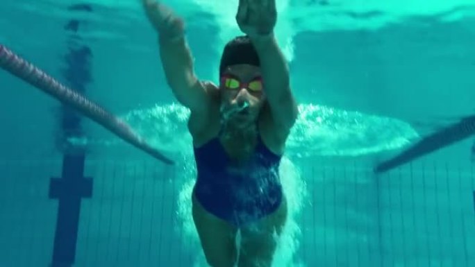 水下射击: 适合美丽的游泳者跳跃，潜入游泳池。职业女运动员以极快的速度游泳-准备创造世界冠军纪录。时