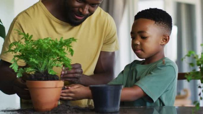 非裔美国男孩在家里的花盆中添加新土壤