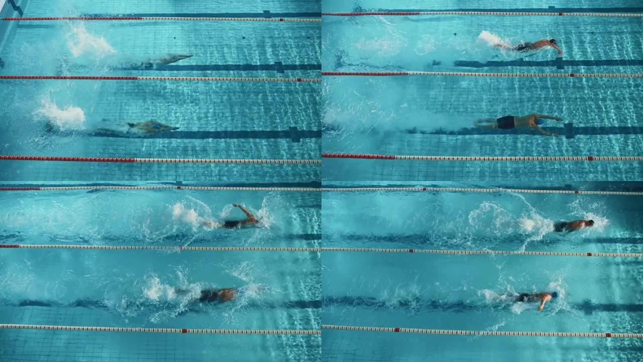 游泳比赛: 两名职业游泳运动员在游泳池跳跳水，更强更快获胜。运动员争夺最佳冠军，世界纪录。慢动作，空