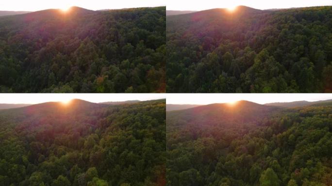 空中: 秋天早晨的第一缕阳光触及丘陵森林景观