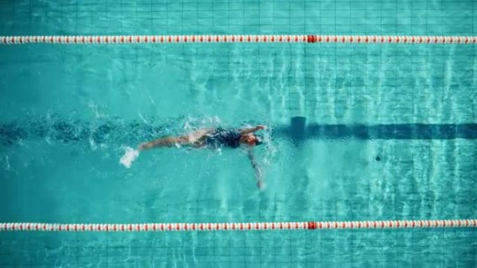 空中俯视图: 游泳池中的竞技女游泳运动员。专业运动员以仰泳的方式游泳，在训练中决心赢得冠军。电影慢动