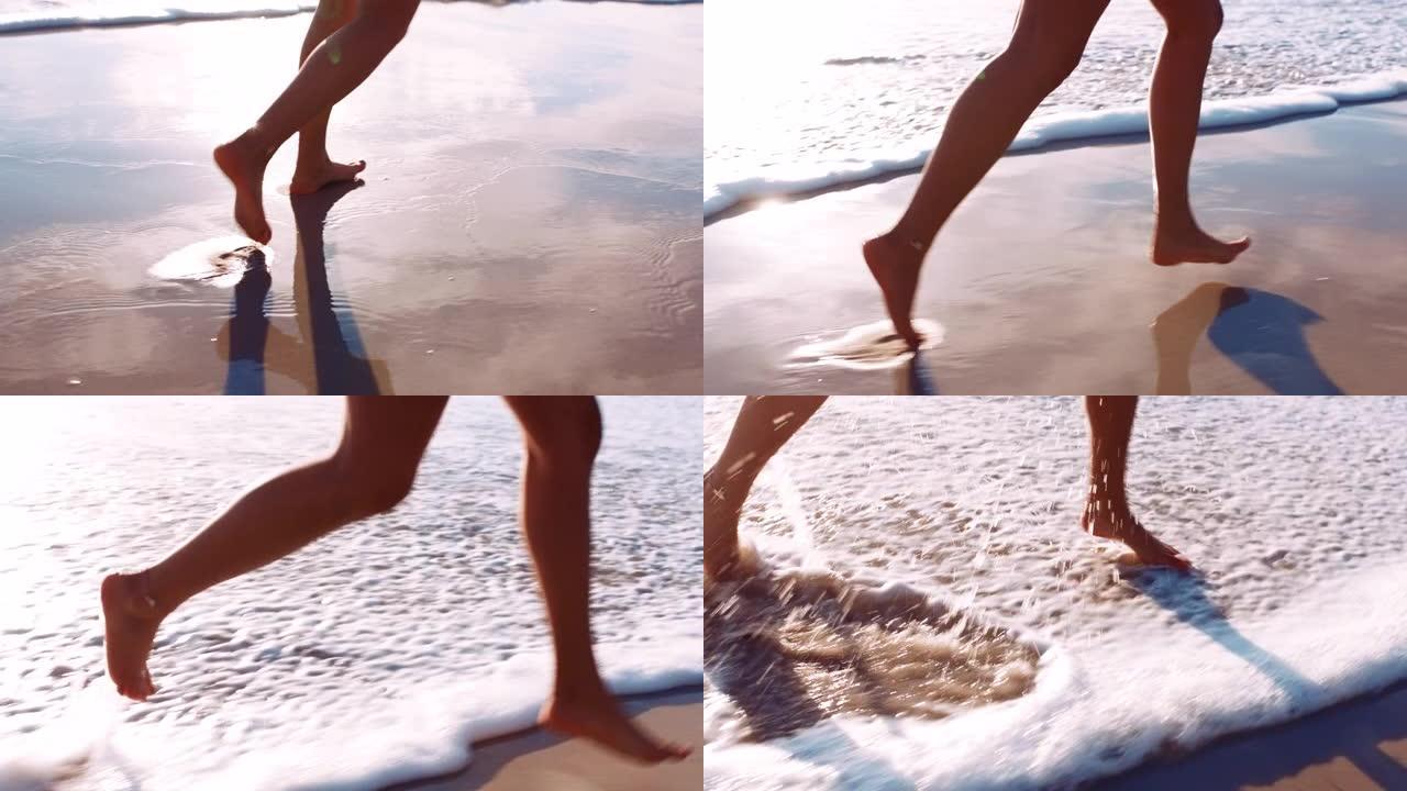 女人的脚，沙滩上的沙子和行走在水中的自由，暑假旅行和和平，而赤脚和从海浪中奔跑。假日的美腿女在海上放