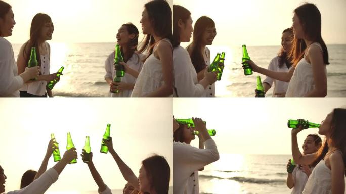 一群朋友在海滩上玩得开心，喝酒。假期