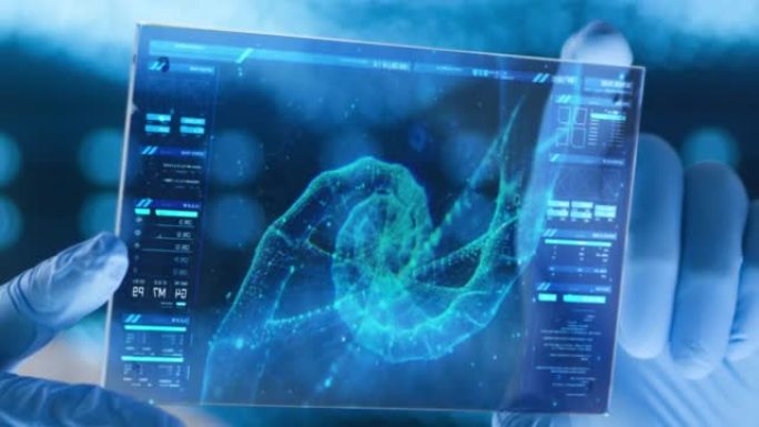 一种HUD屏幕，其分子结构在科学家手中，戴着蓝色配色的防护手套。未来的数字医学