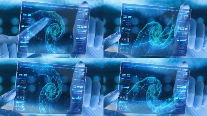 一种HUD屏幕，其分子结构在科学家手中，戴着蓝色配色的防护手套。未来的数字医学