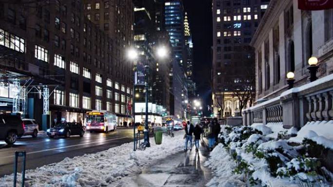 纽约之夜。冬天美国欧美街头雪地雪天