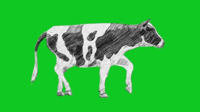 动画木炭铅笔绘制牛在绿色屏幕上行走可循环动物，野生动物，游戏，返校，木炭，绘画，短视频，电影，卡通，