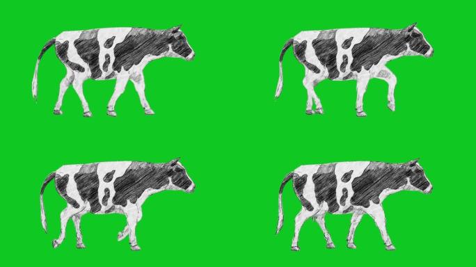 动画木炭铅笔绘制牛在绿色屏幕上行走可循环动物，野生动物，游戏，返校，木炭，绘画，短视频，电影，卡通，