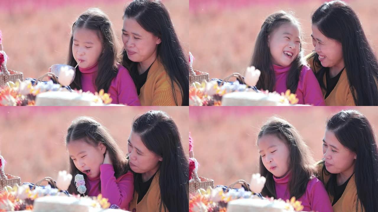 SLO MO美丽的小女孩和她的母亲在户外公园吃零食