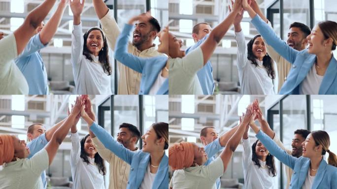 商务人士，团队合作成功的多样性或高五，广告目标或营销现代办公室的团队建设。微笑，快乐或协作手势，创意