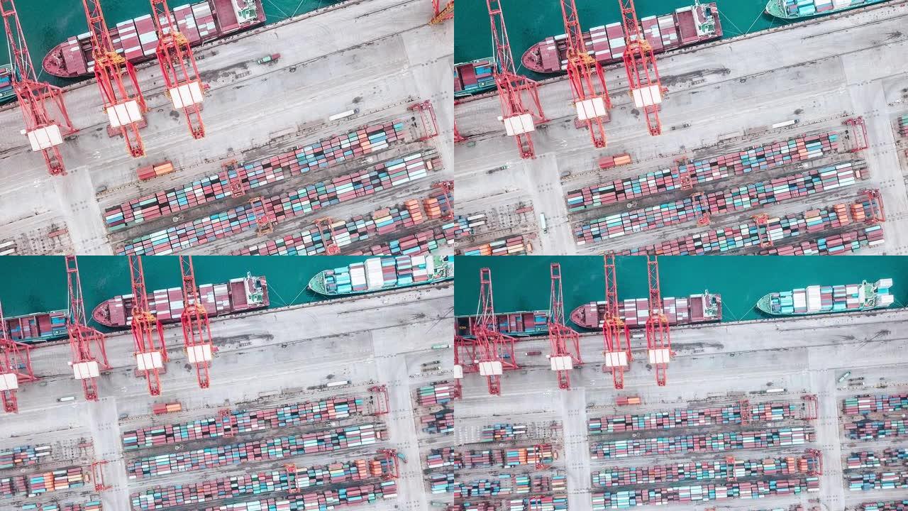 集装箱船繁忙工业港口的T/L无人机视点