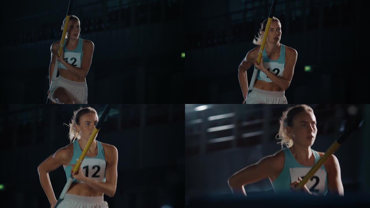 撑杆跳跳: 职业女运动员用杆子跑的肖像。冠军在训练中的决心、动力、努力。戏剧性的灯光，电影般的慢动作