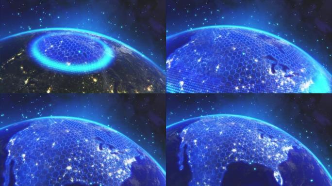 3D图形概念: 从太空看到旋转的地球，虚拟数字化网络覆盖星球，连接城市之间的信息流。连接整个世界的全