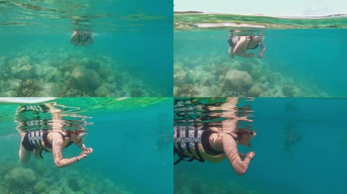 女性浮潜潜水面罩的水下表面剖面图