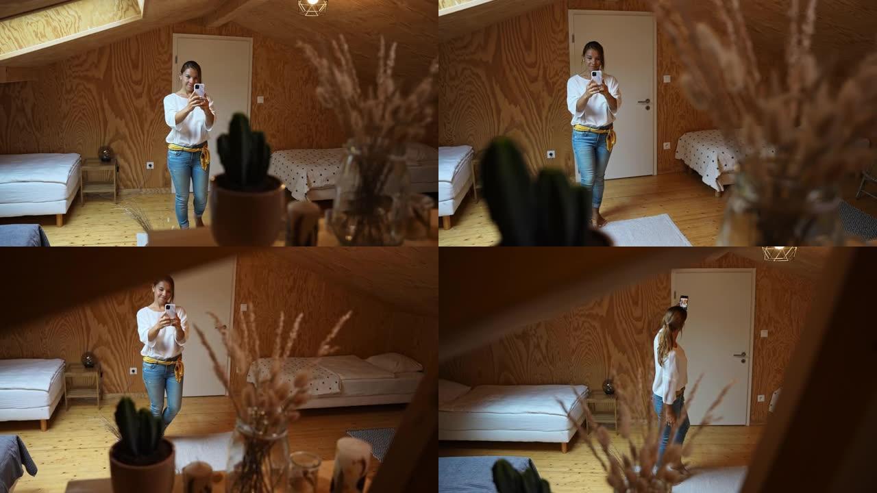女人用手机相机在新房子里拍摄diy家居装饰