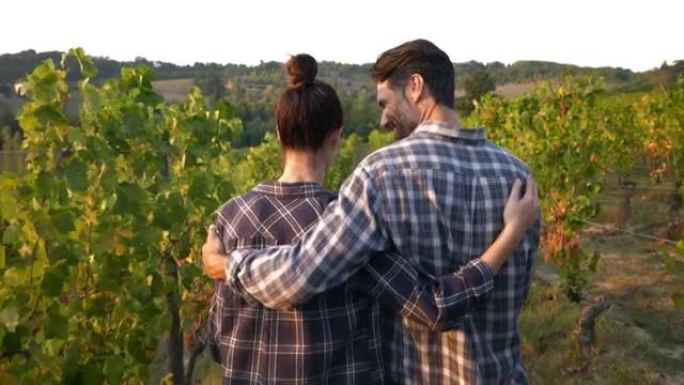 快乐的成功农民或酿酒师走在葡萄树树枝行中间，对葡萄收获的结果感到满意，以进一步生产高质量的葡萄酒。