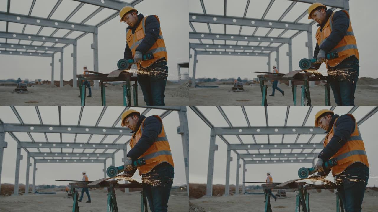 SLO MO建筑工人在施工现场使用磨床工具