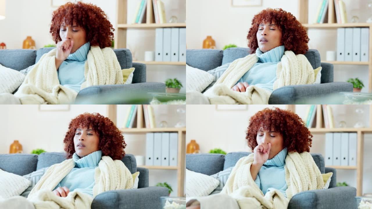 生病，咳嗽和打喷嚏的女人在家里因流感，感冒或covid而感到不适和疲倦。室内年轻女性拿着纸巾，电晕病