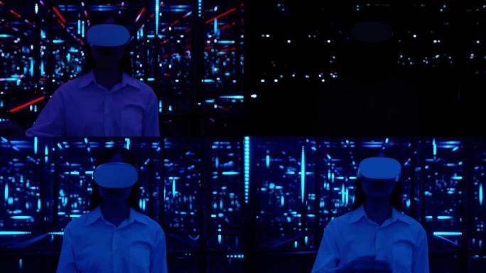 在黑暗的夜晚，在彩色紫外线照明下的VR体验中，亚洲少女戴着虚拟现实耳机并在触摸空气时打手势的兴奋。创