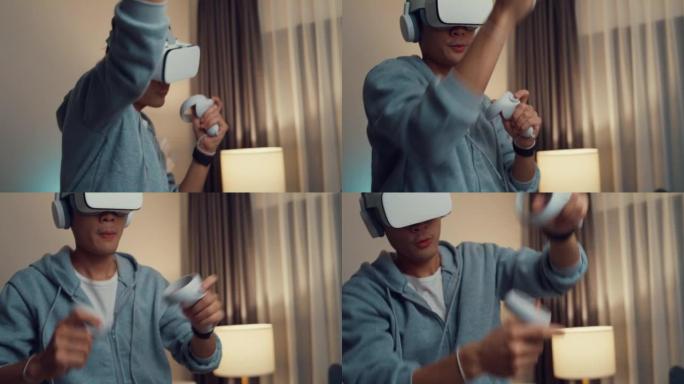 特写年轻的亚洲男子游戏玩家穿着灰色连帽衫，配有虚拟现实oculus手持虚拟现实操纵杆控制器，晚上在客