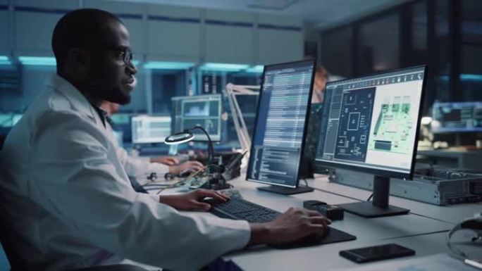现代电子开发设施: 黑人男性工程师和多民族科学家的多元化团队在计算机上工作，使用cad软件，设计工业