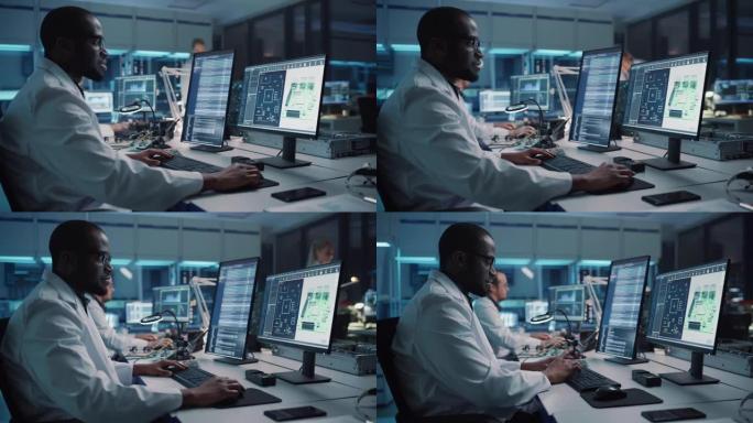 现代电子开发设施: 黑人男性工程师和多民族科学家的多元化团队在计算机上工作，使用cad软件，设计工业
