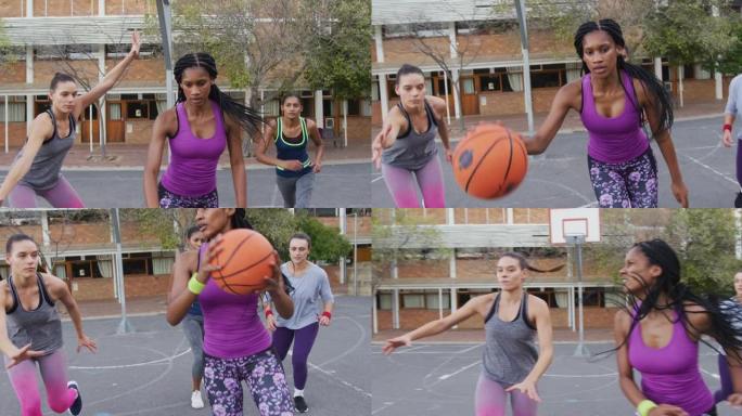 多样化的女子篮球队比赛，运球