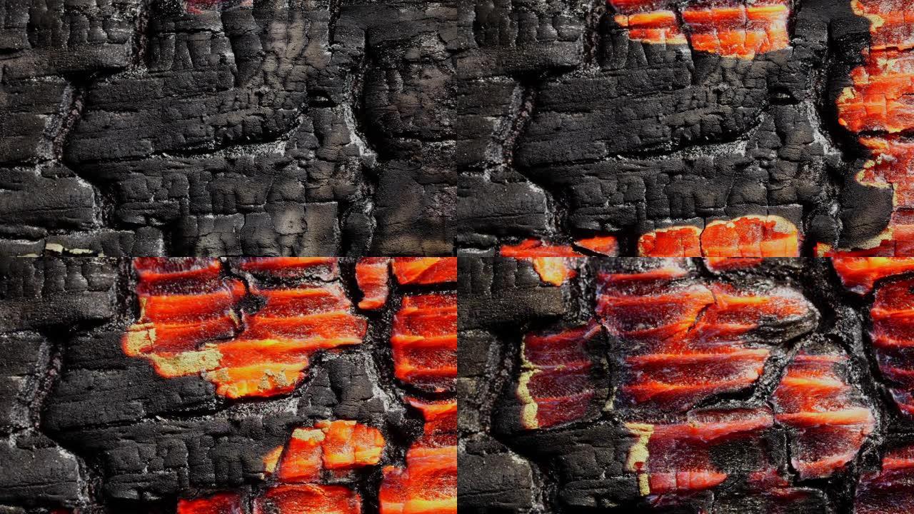 燃烧的木质表面。特写。